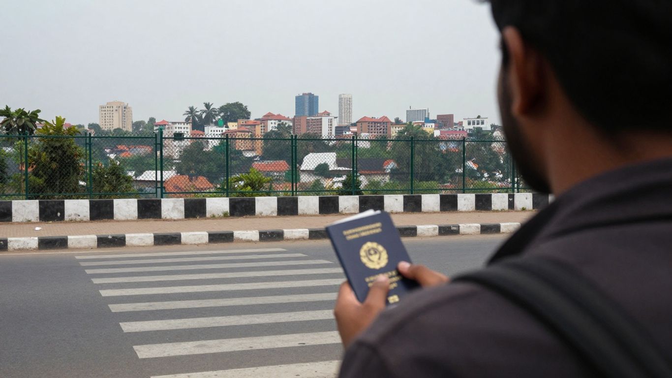 Persona en frontera con pasaporte, ciudad al fondo.
