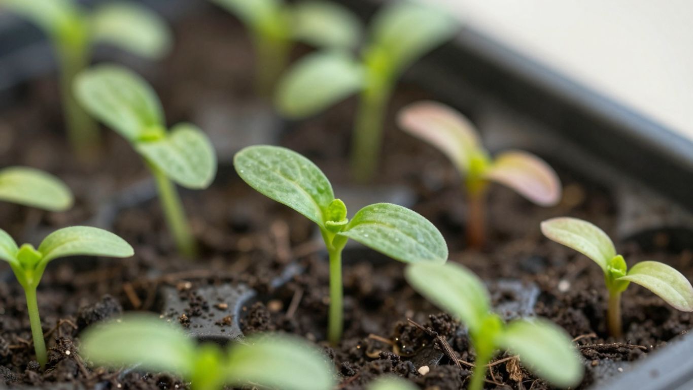 Junge Pflanzen in Anzuchtschale, einige gesund, andere welk.