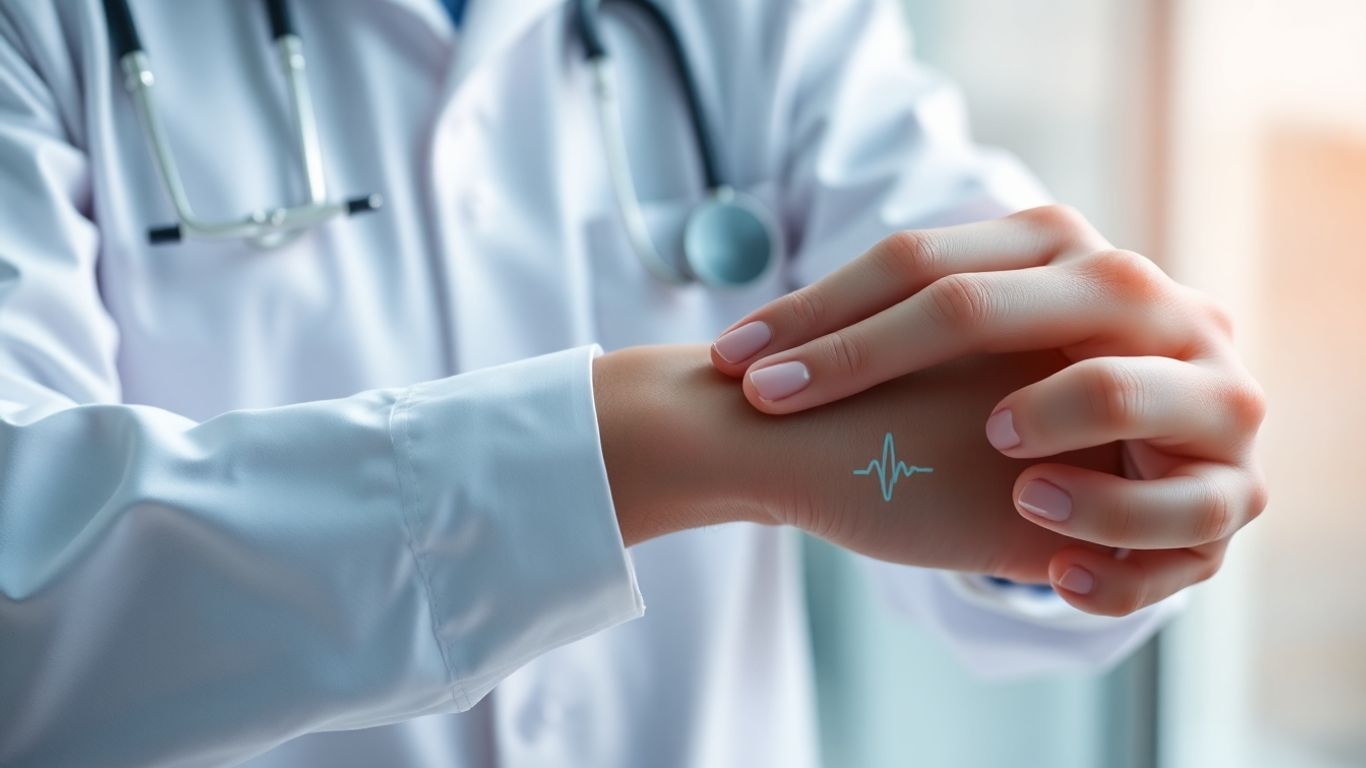 Mâini de medic examinând pulsul pacientului.