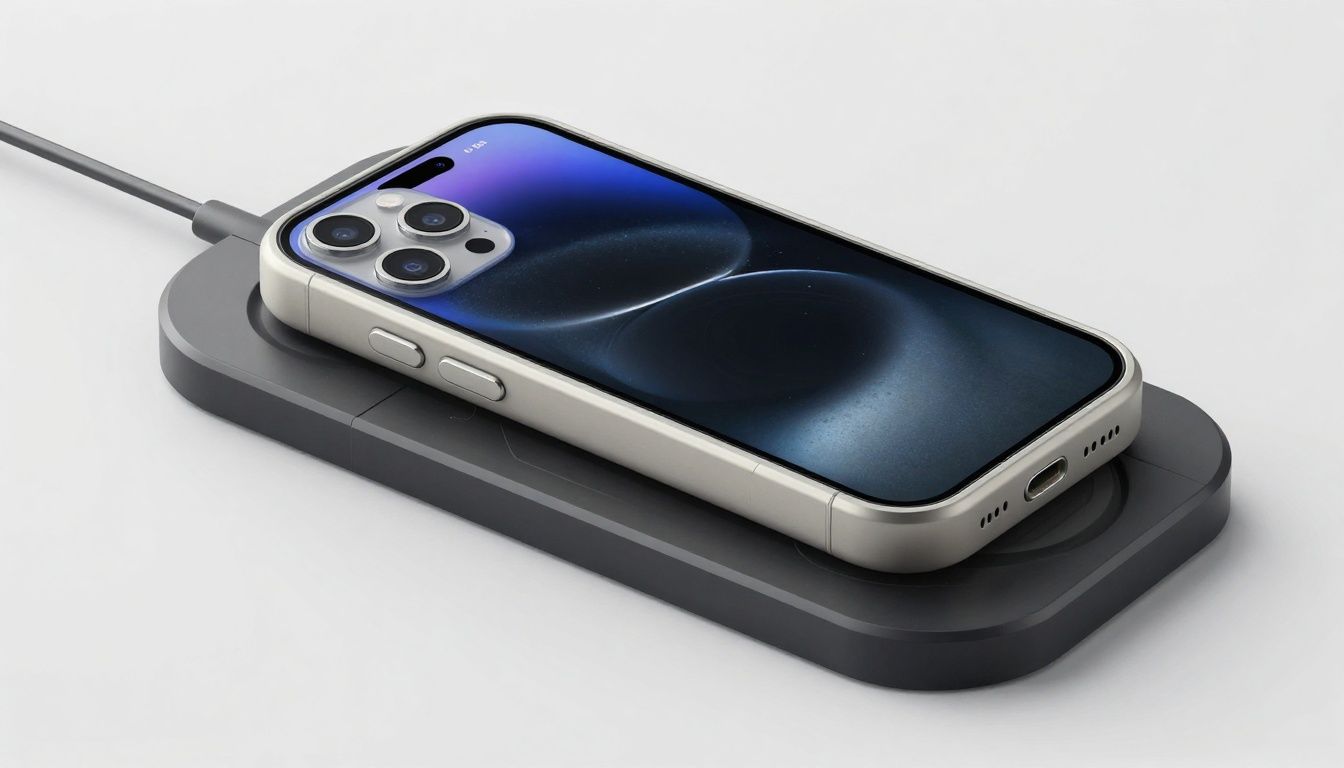 Neutral smartphone in a generic waterproof case on a wireless charging pad