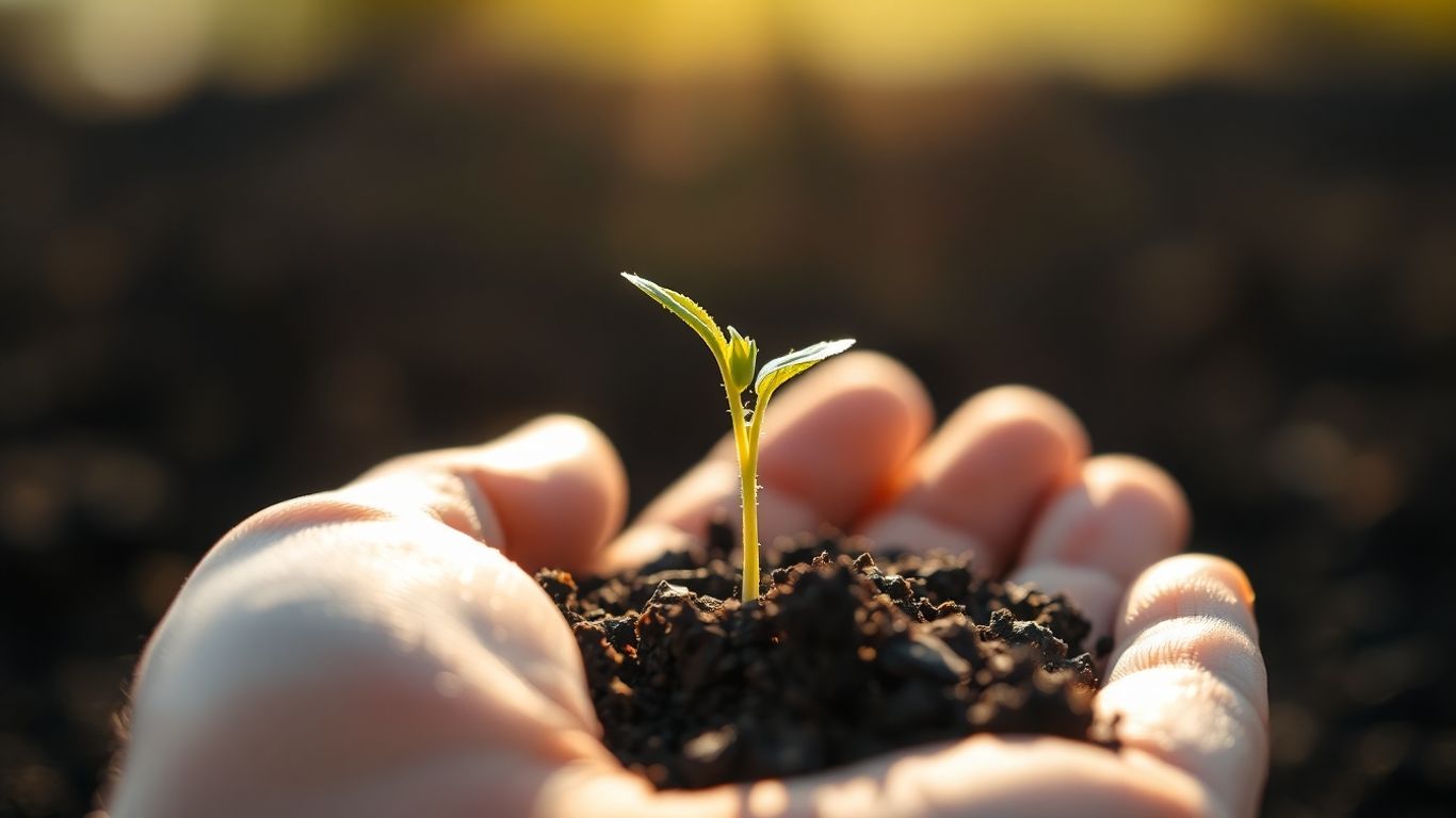 Mână ținând o plantă tânără, simbolizând o idee nouă.