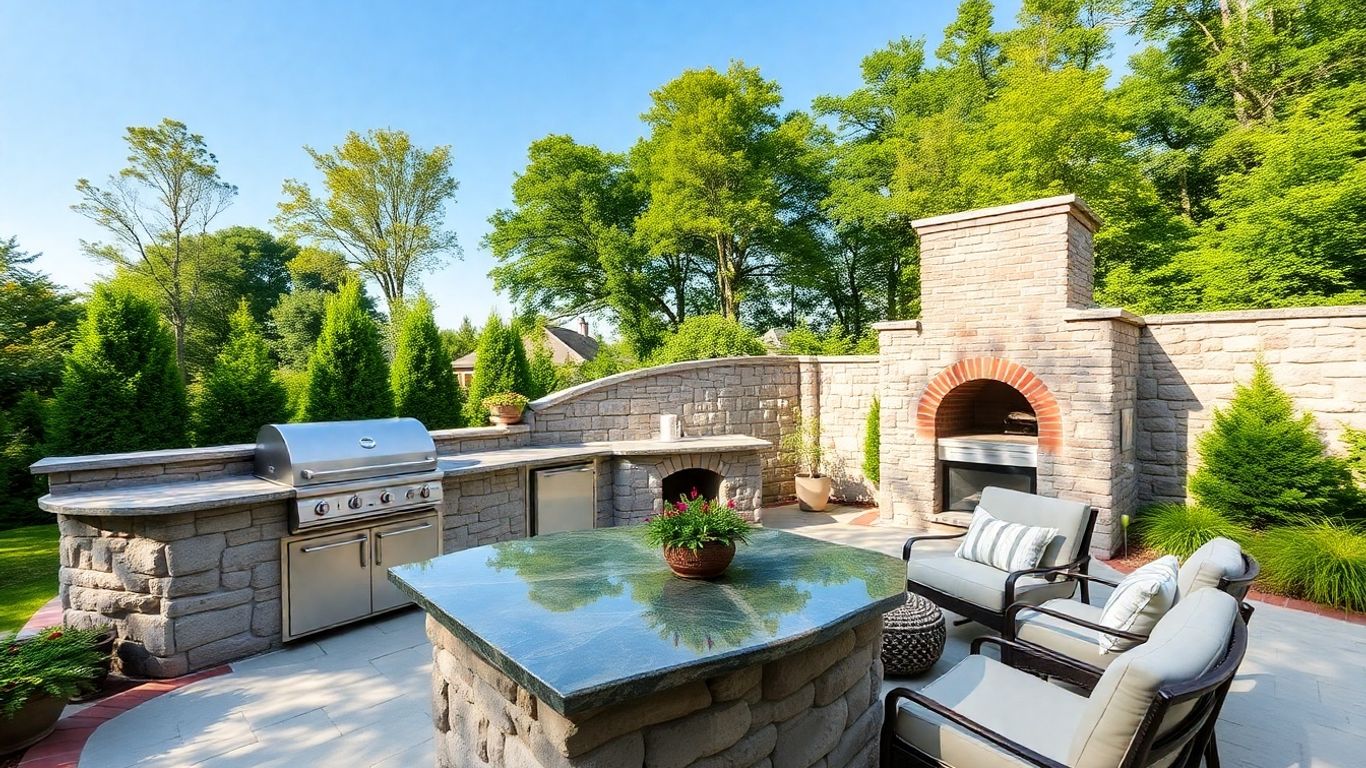 Stone outdoor kitchen with grill in Barnstable backyard