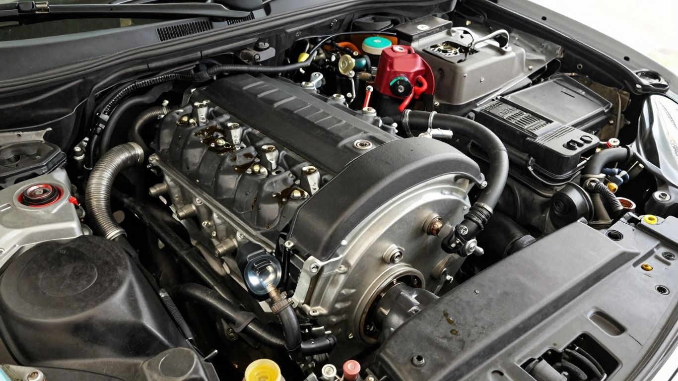 Nissan engine bay with detailed mechanical components.