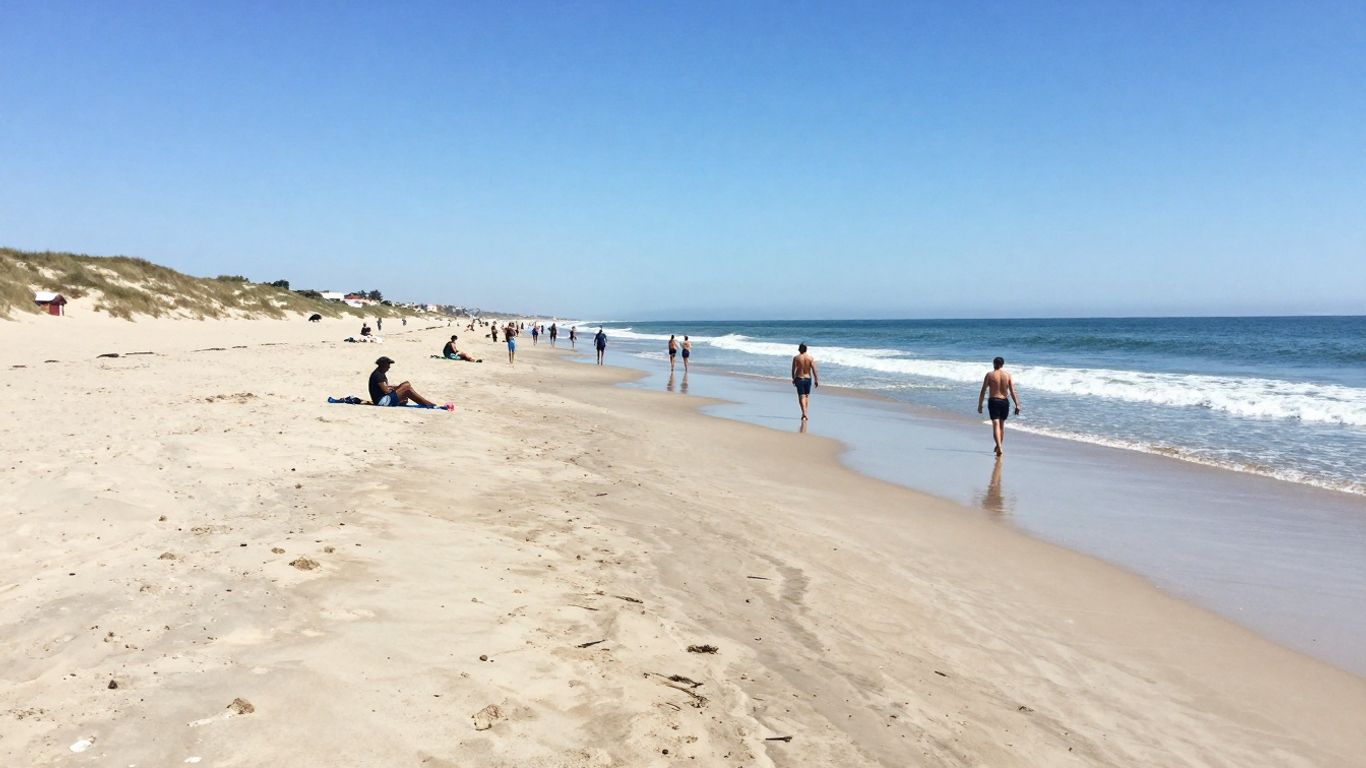 Zonnig strand van Oostende met golven en wandelende mensen.