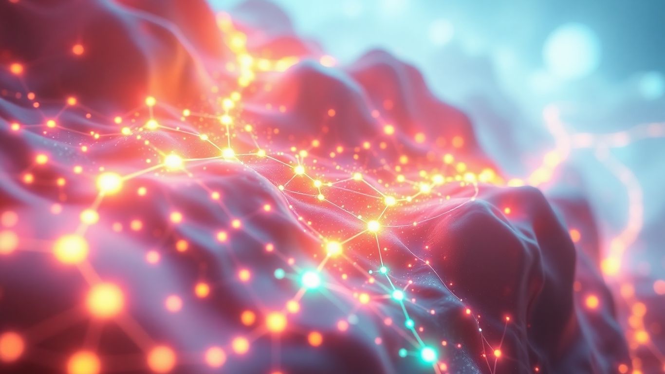 Abstract digital landscape with glowing nodes and organic growth.