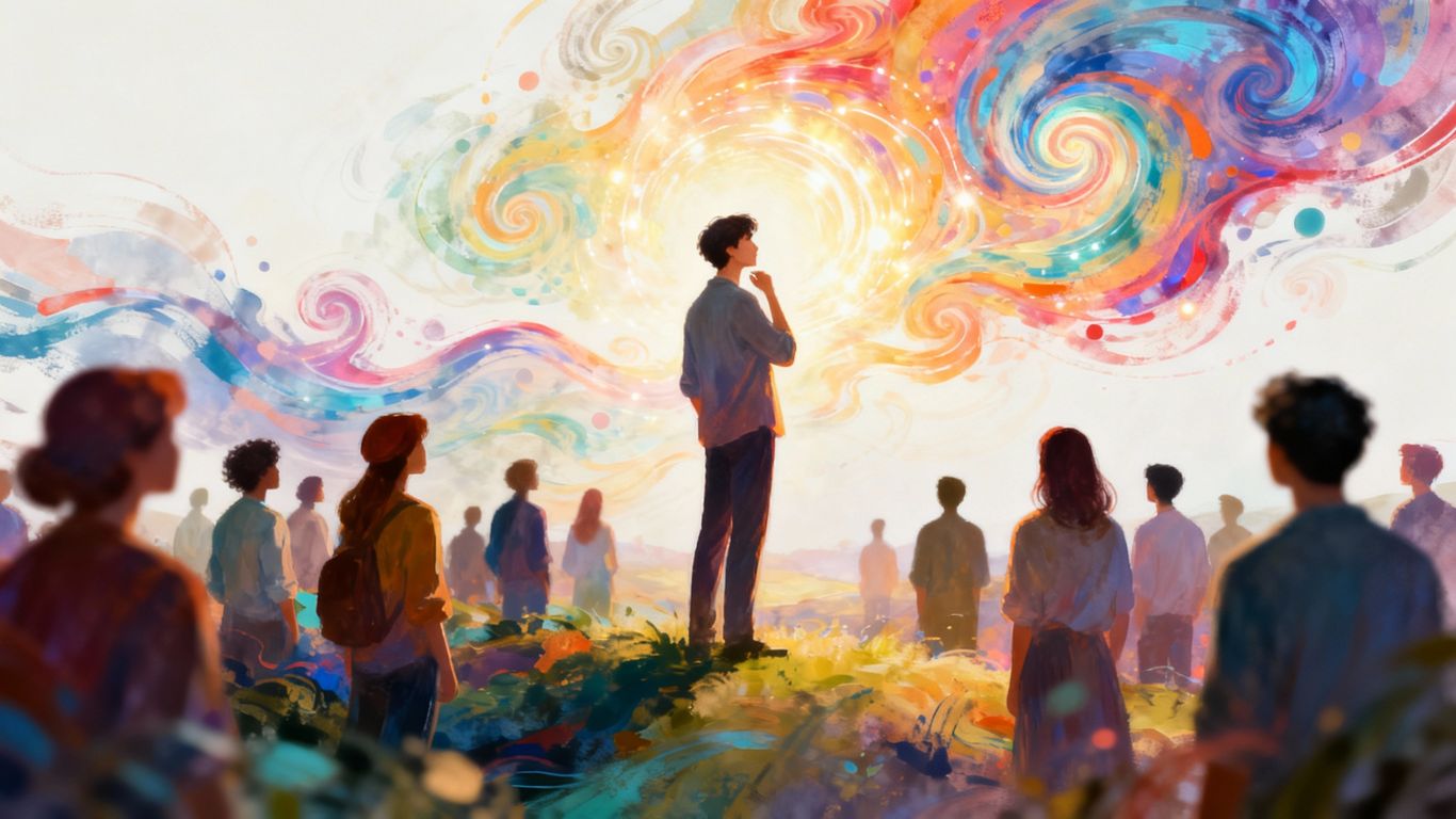 People in a colorful, abstract mental landscape.