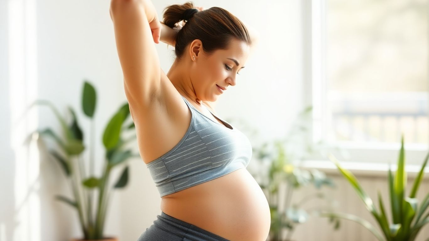 Pregnant woman stretching her back.
