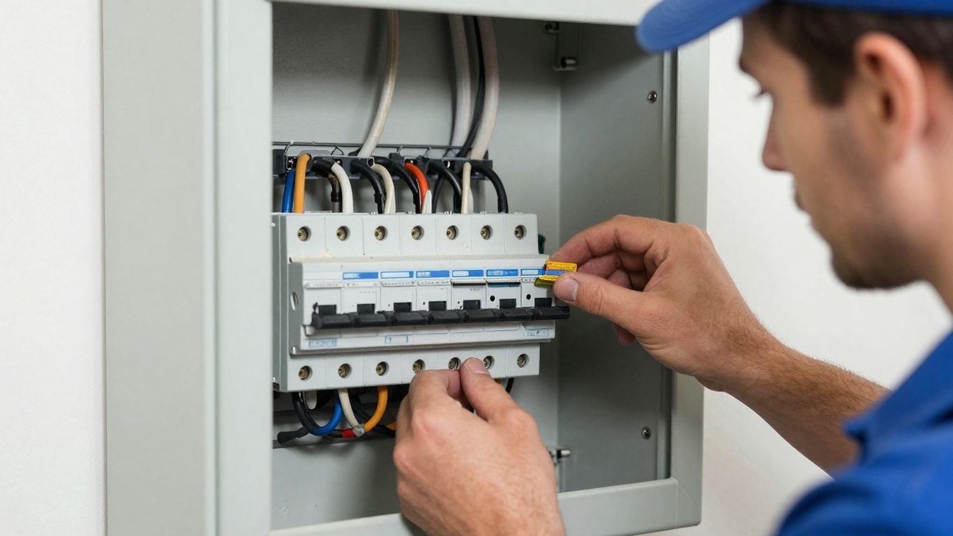 Elektricien vervangt oude stoppenkast door nieuwe in Purmerend.