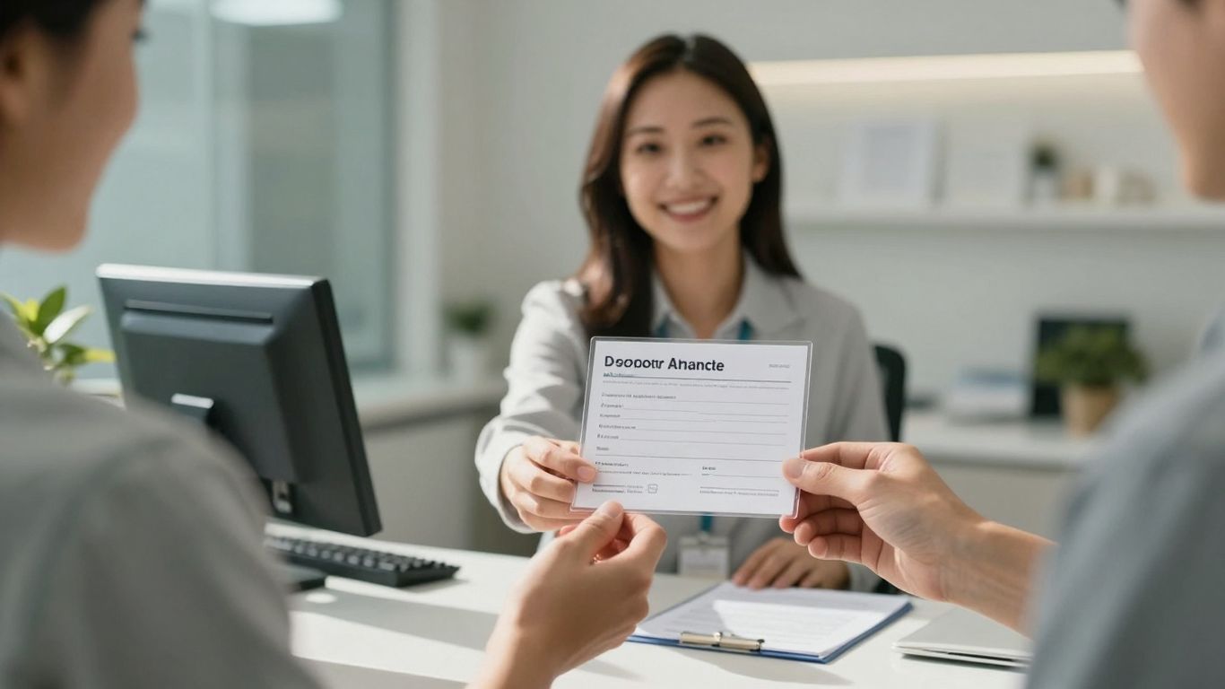 Clinic receptionist giving patient appointment confirmation.