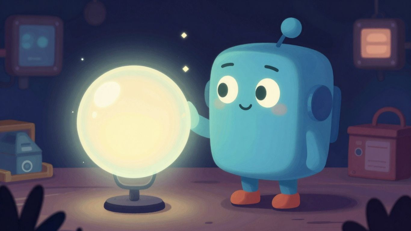 Nostalgic AI character interacting with a glowing orb.
