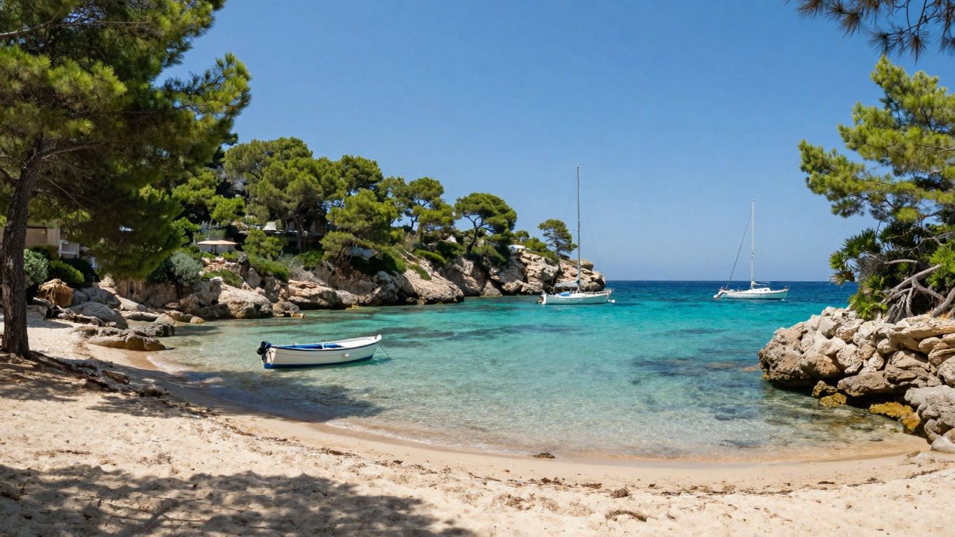 Turquoise bay in Cala d’Or, Mallorca, with boats.