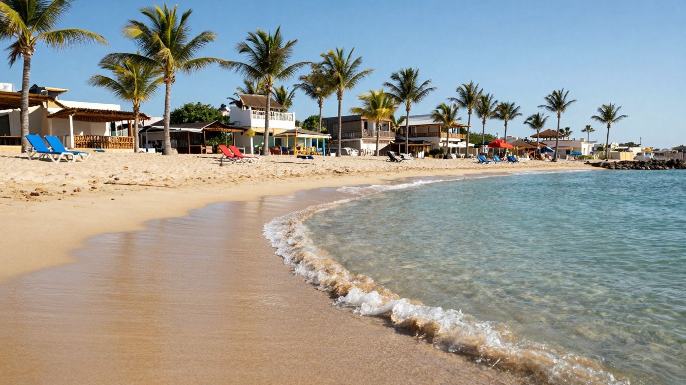 Cabo beach with calm turquoise water and palm trees.