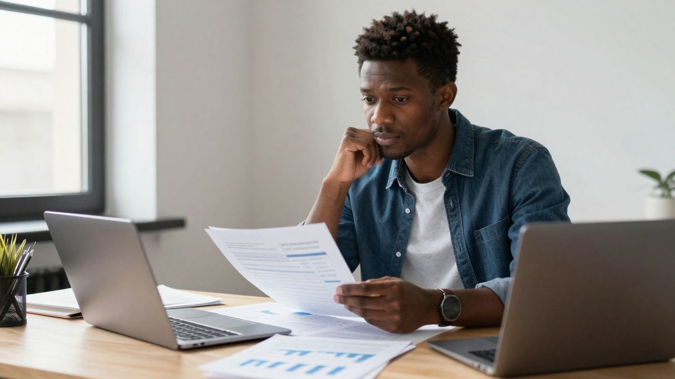 Existenzgründer am Schreibtisch mit Finanzunterlagen.