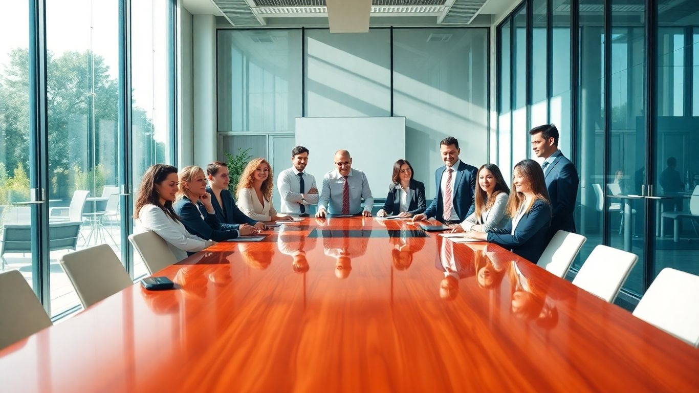 Boardroom meeting with professionals discussing cybersecurity strategy.