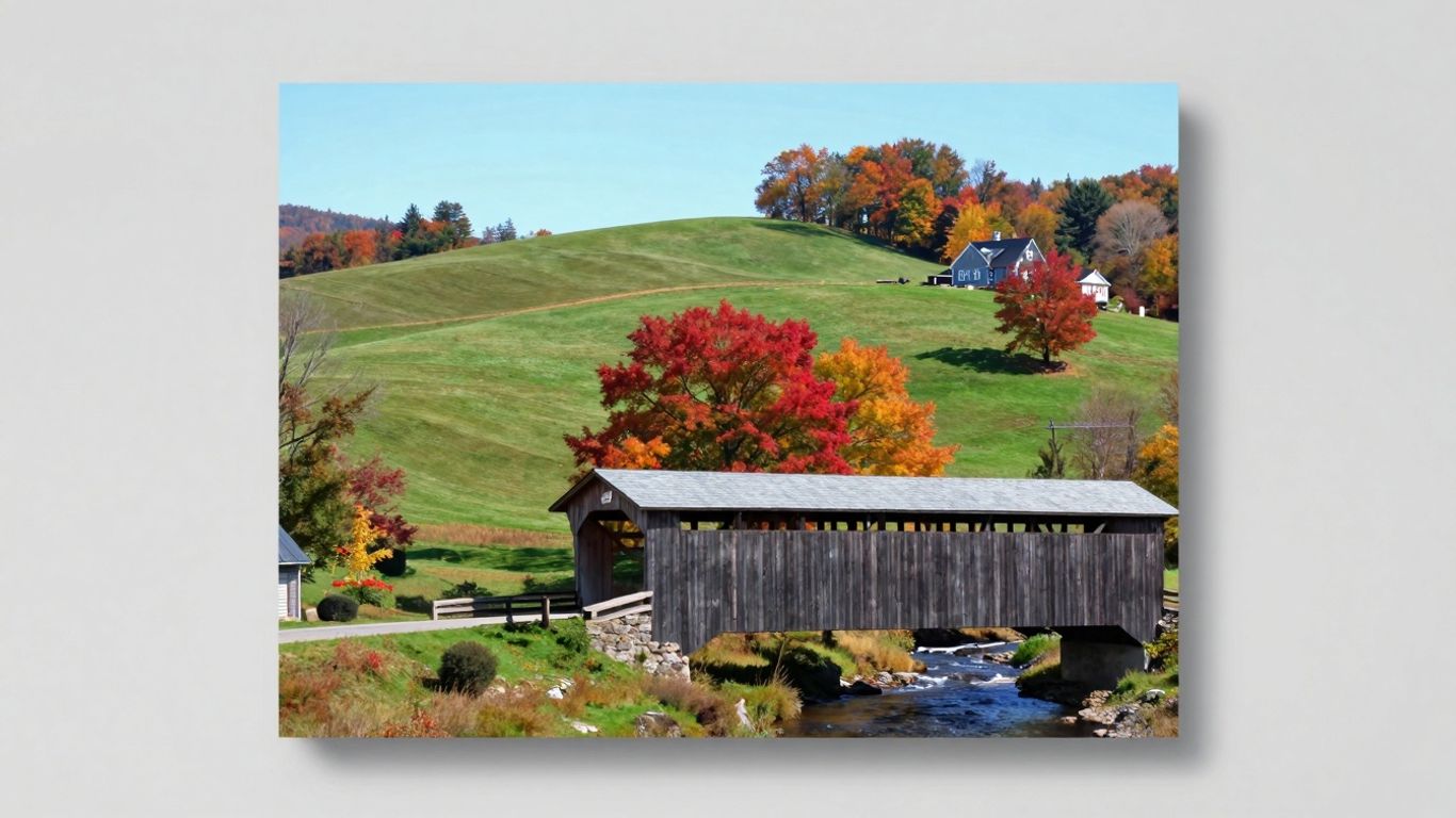 Scenic Vermont landscape with rolling hills and autumn foliage.