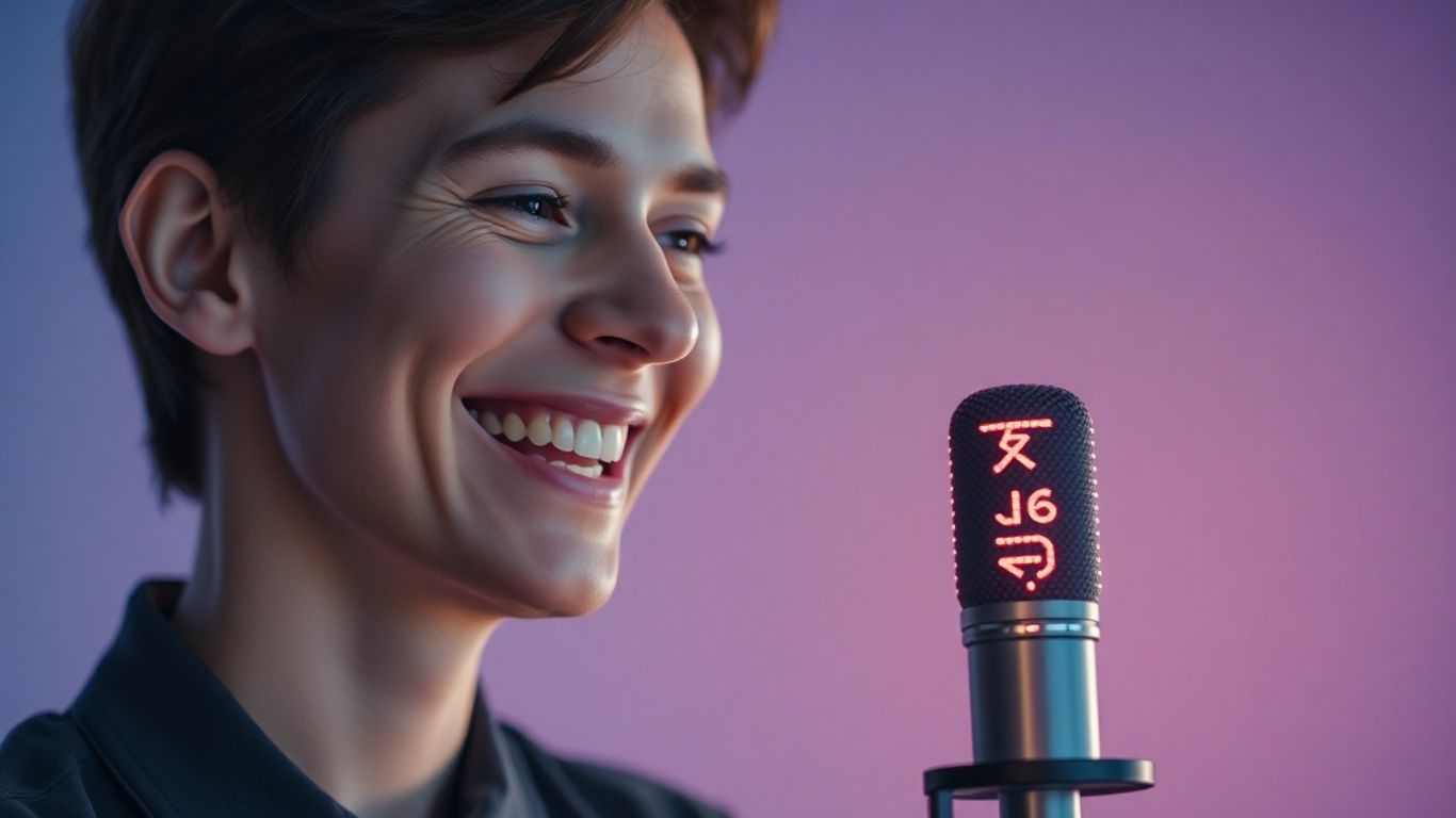 Person speaking into AI microphone for language learning.