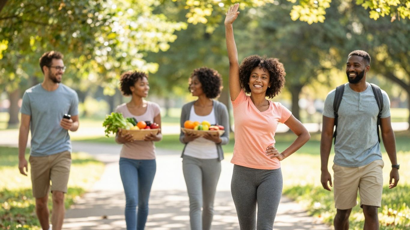 People enjoying healthy activities outdoors with fresh food.