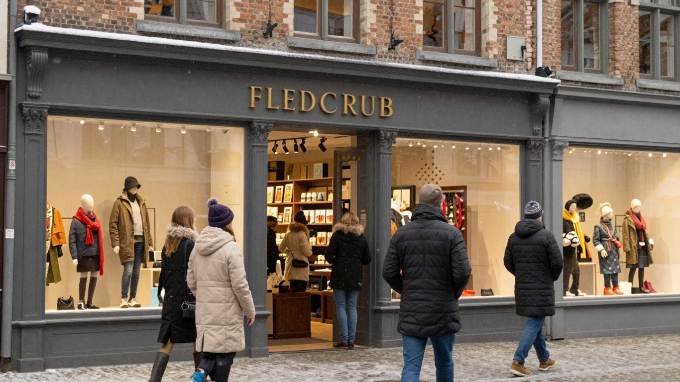 Belgian winter sales scene with snow and shoppers.