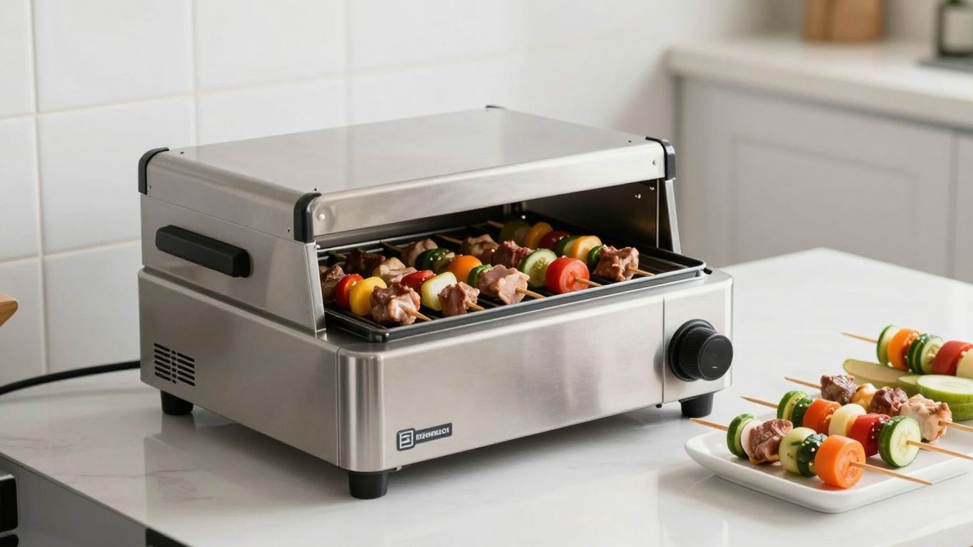 Kebab machine with skewers of meat and vegetables.