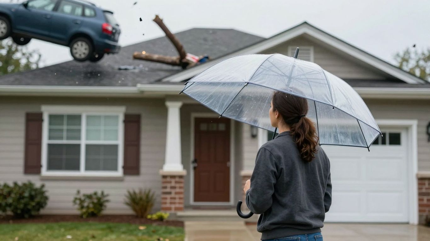 Homeowner shields house with umbrella from falling car and tree.