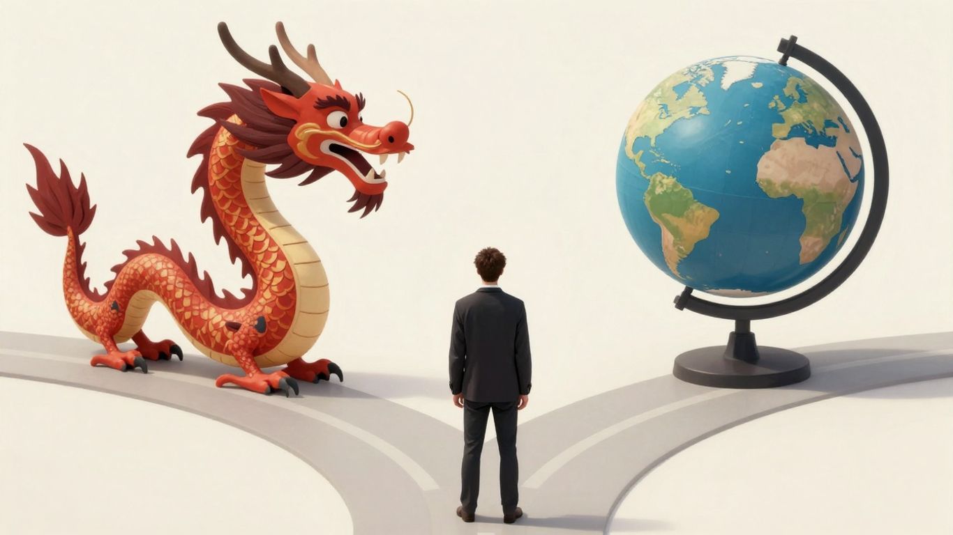 Figure at crossroads, one path to China dragon, other to globe.