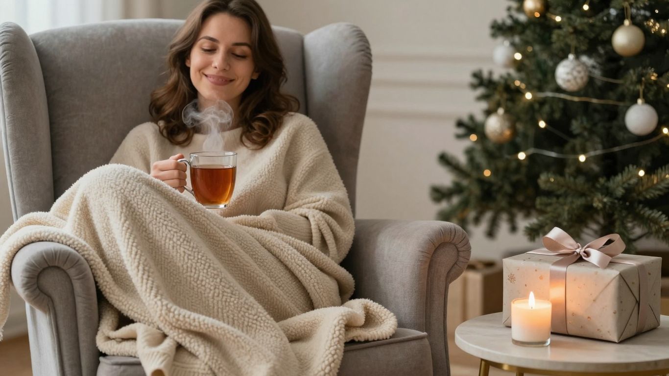 Mom relaxing with Christmas gifts and tea.