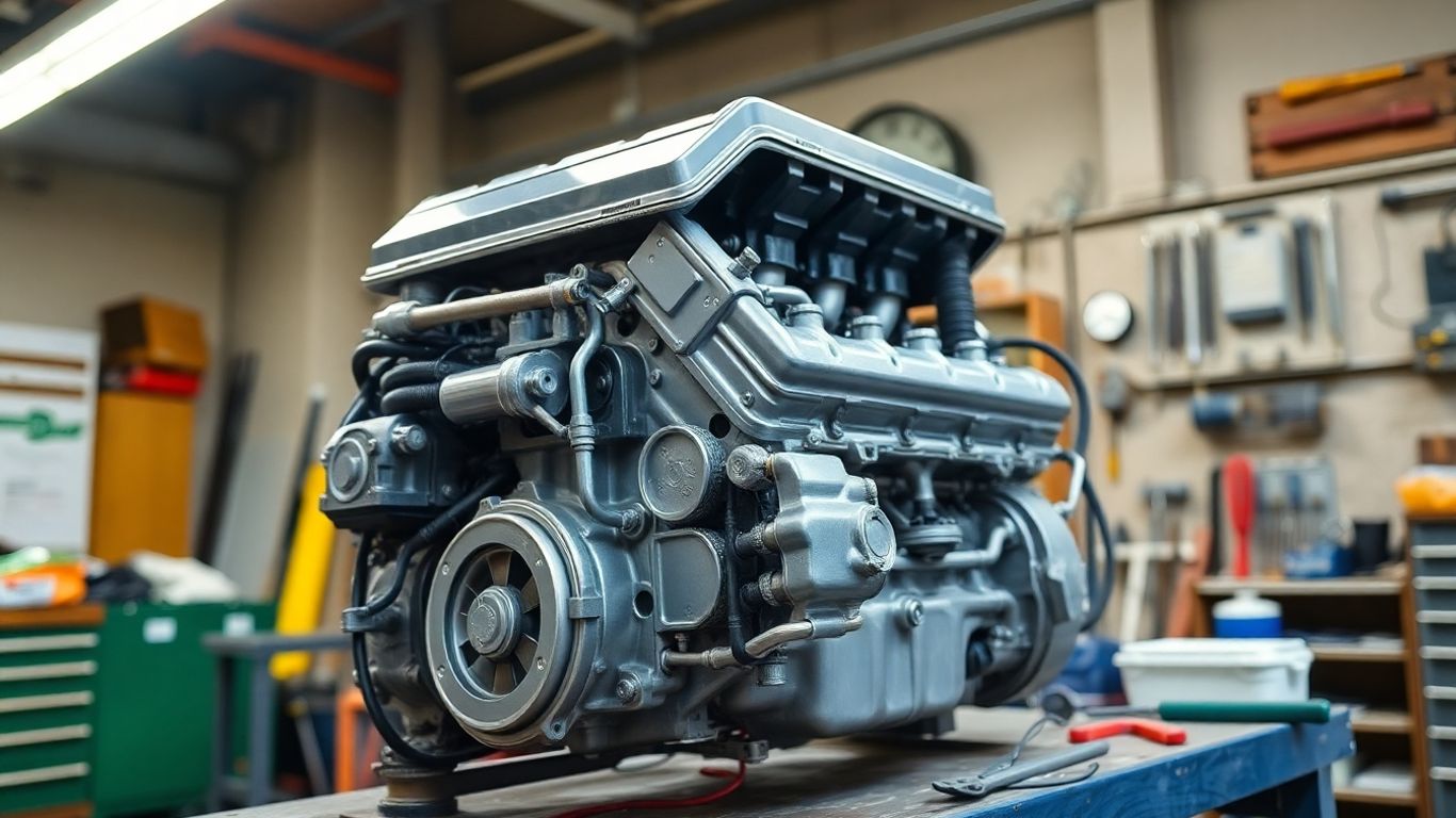 Reconditioned car engine in a workshop setting.