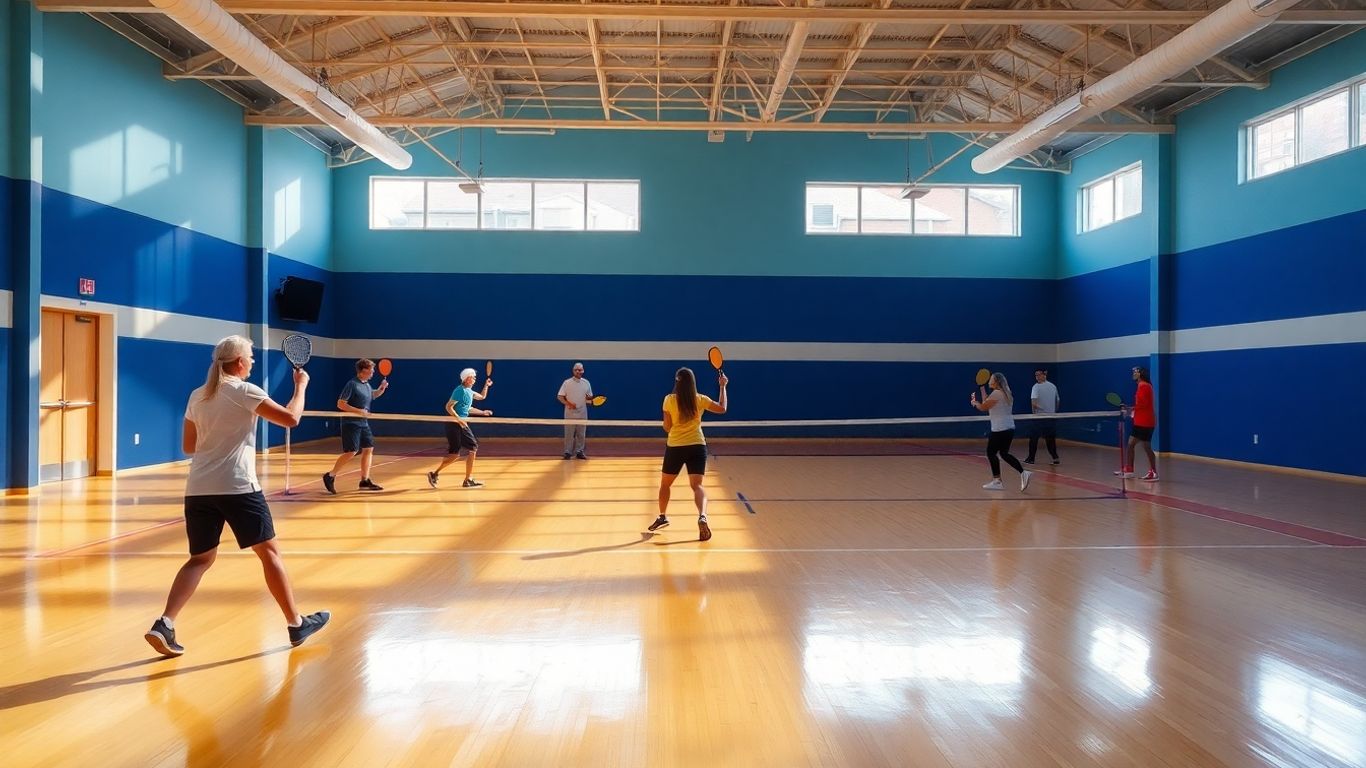 Indoor pickleball court with players in action.