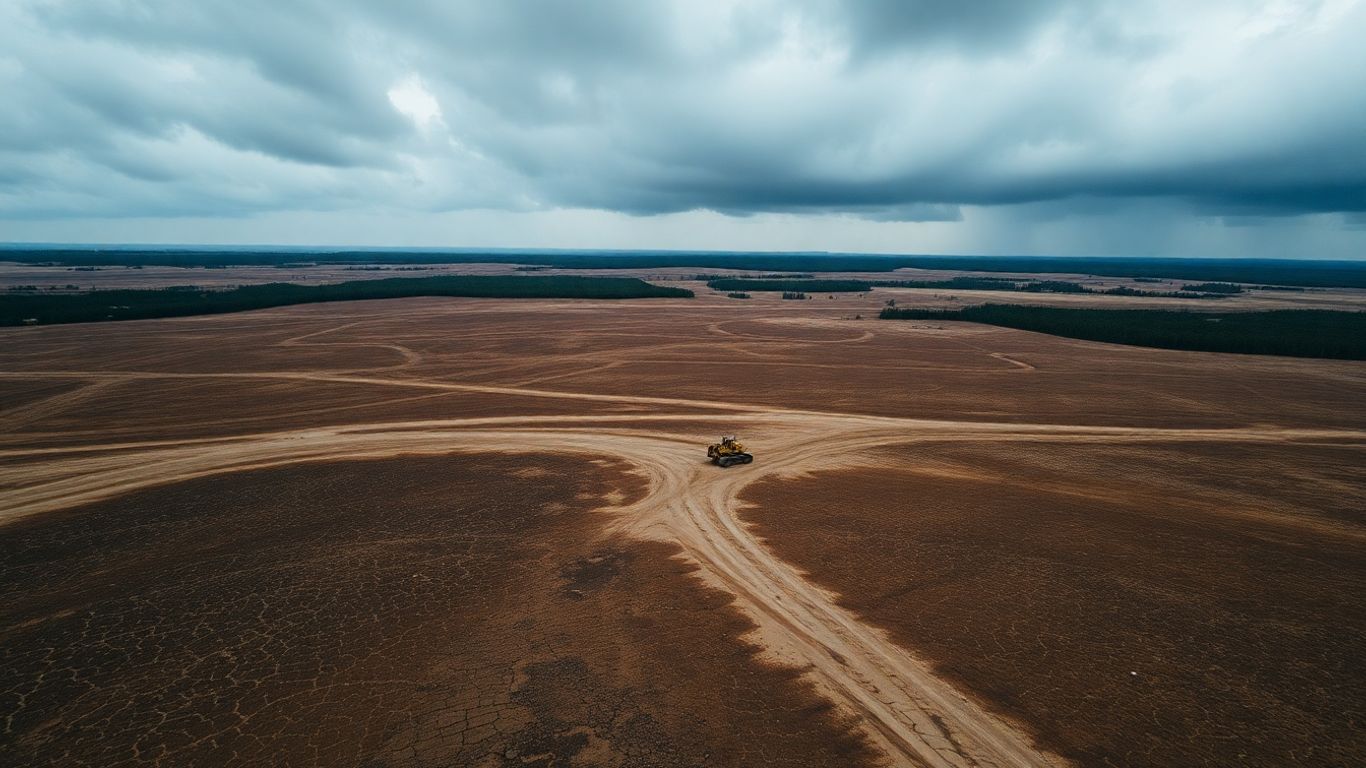 Paysage dévasté par la déforestation et la pollution.