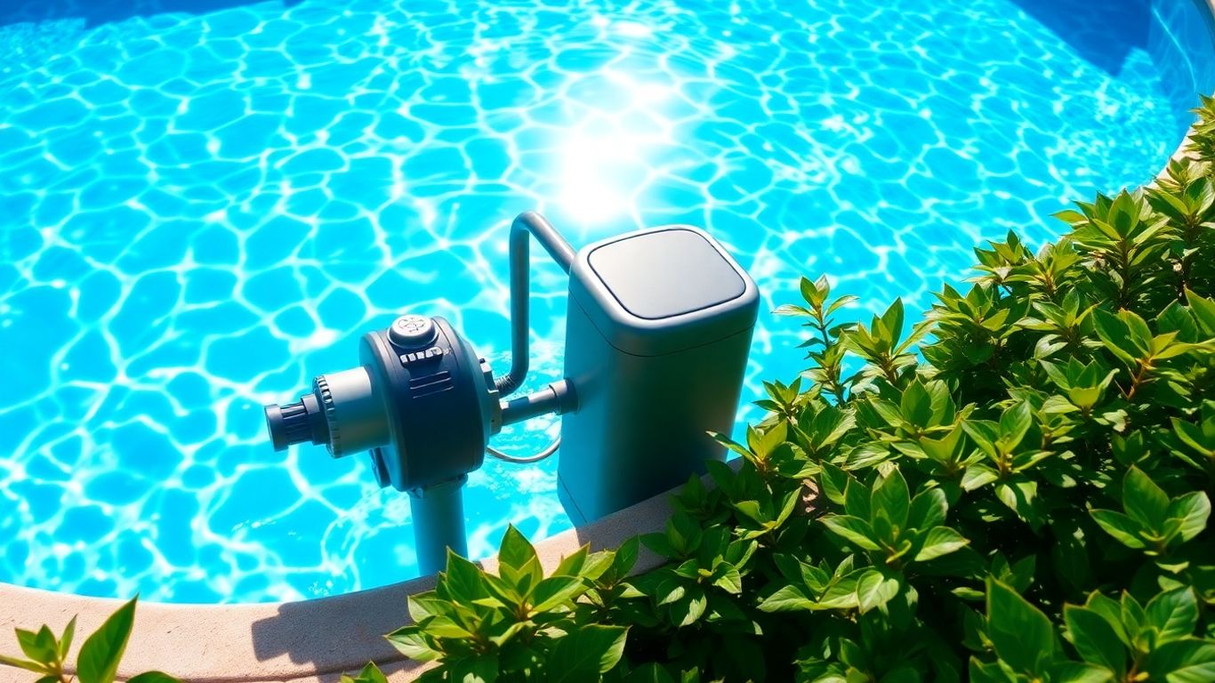 Sparkling blue pool with salt water chlorinator unit.