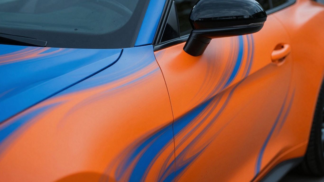 Colorful car wrap with abstract patterns.