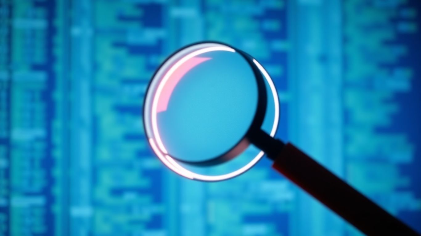 Magnifying glass over digital code pathway.