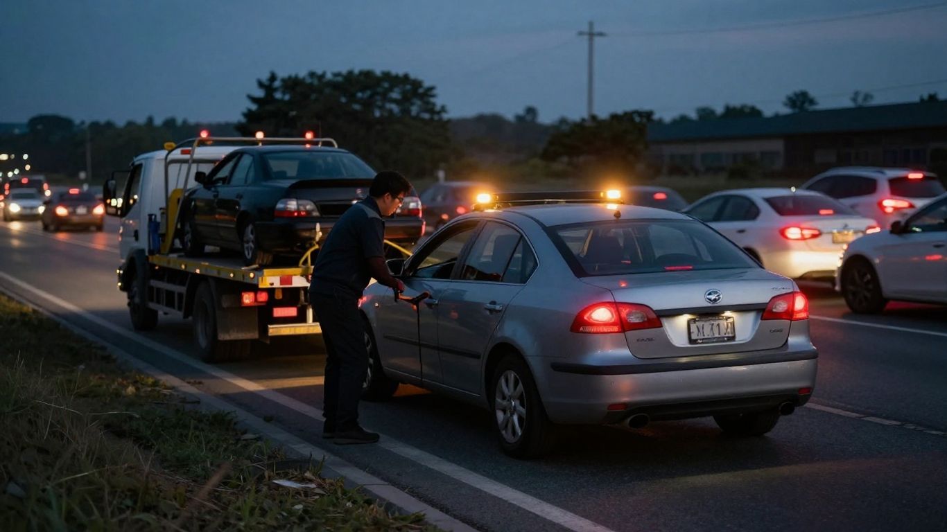 Tow truck assisting a broken-down car on a highway.