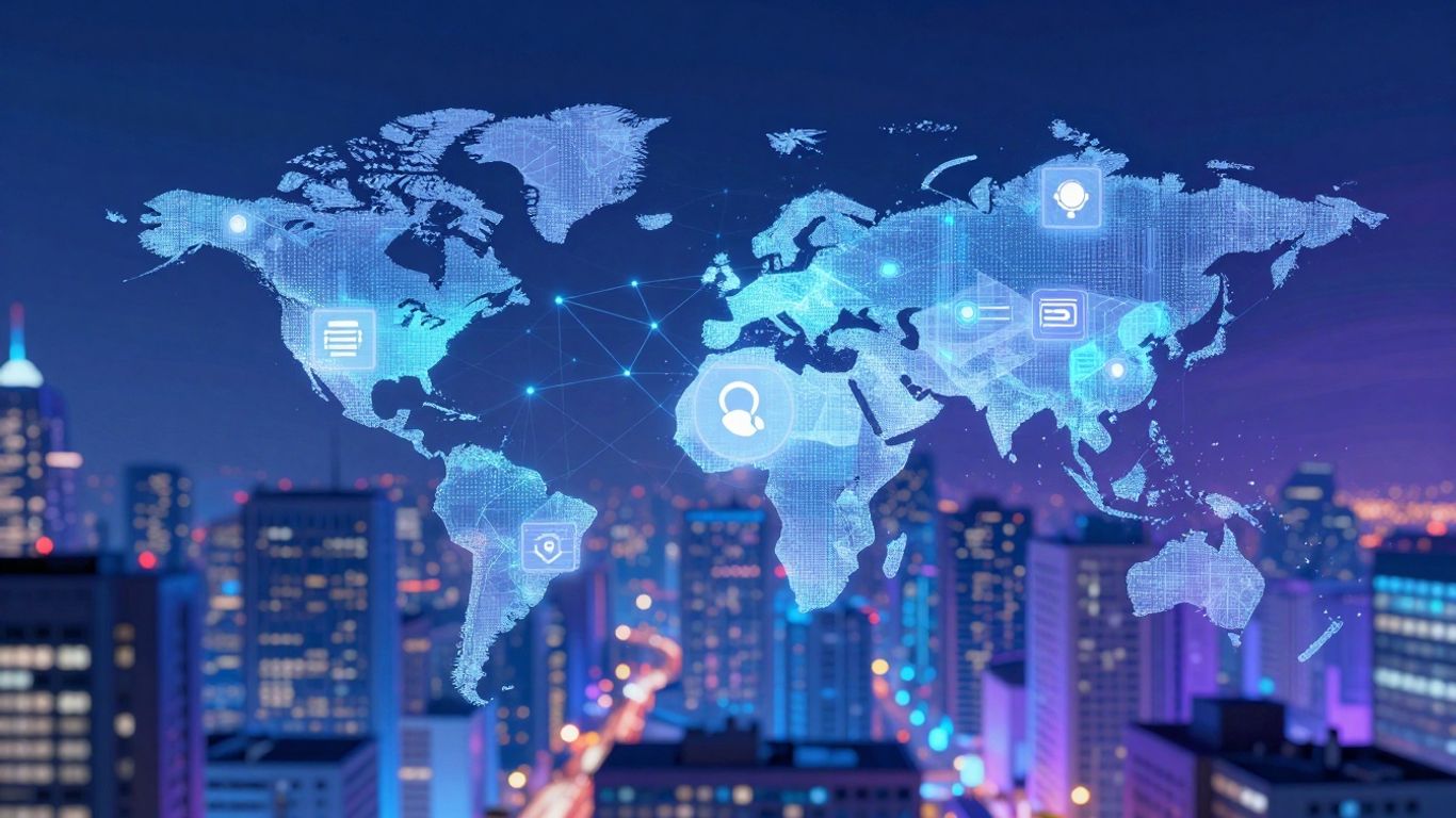 Digital cityscape with glowing nodes and app icons.