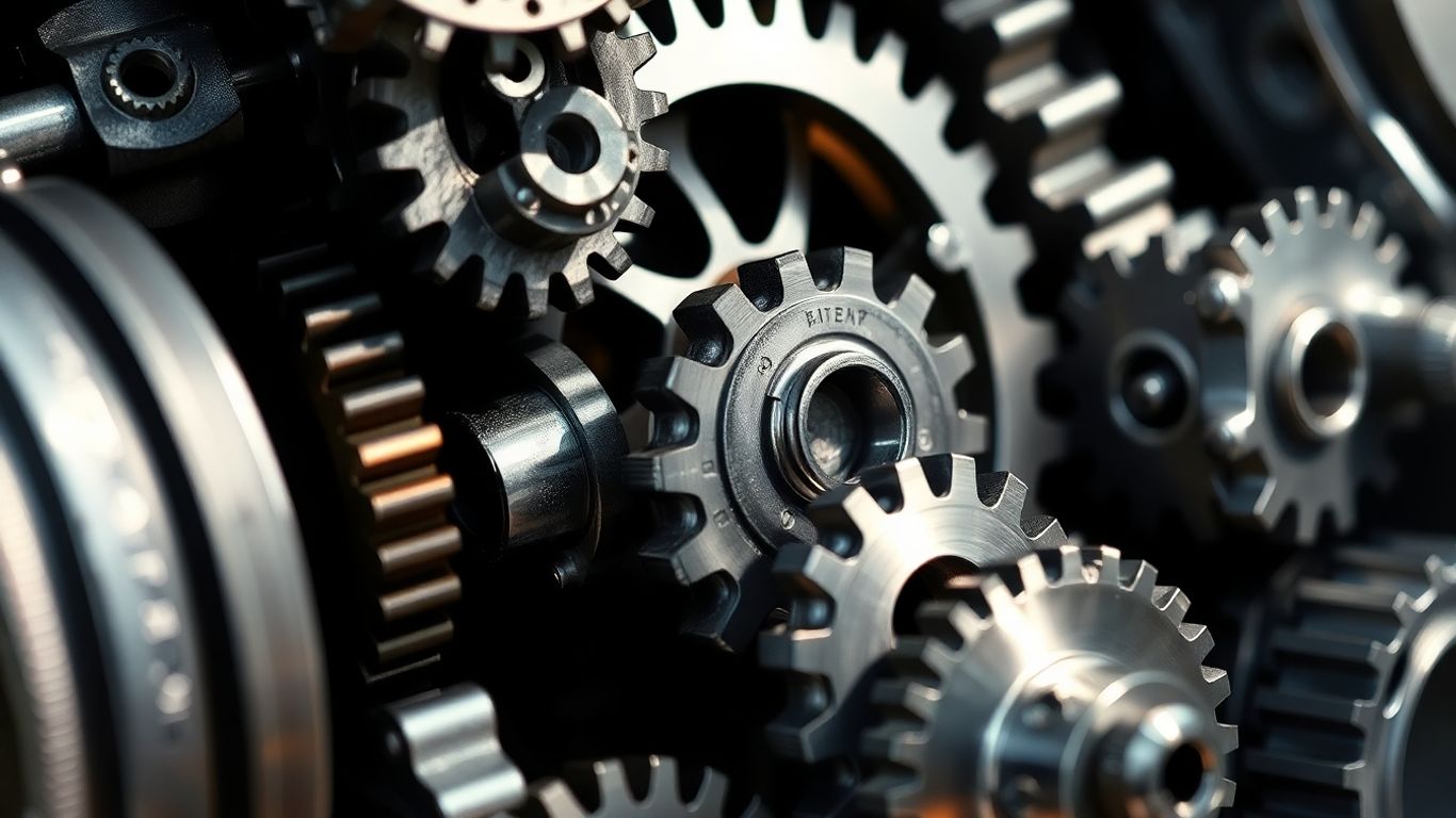 Close-up of complex gearbox components and gears.