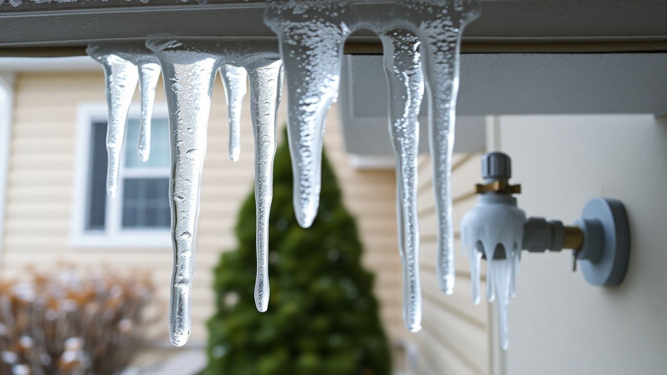 Frozen pipes and icicles on a house in fall.