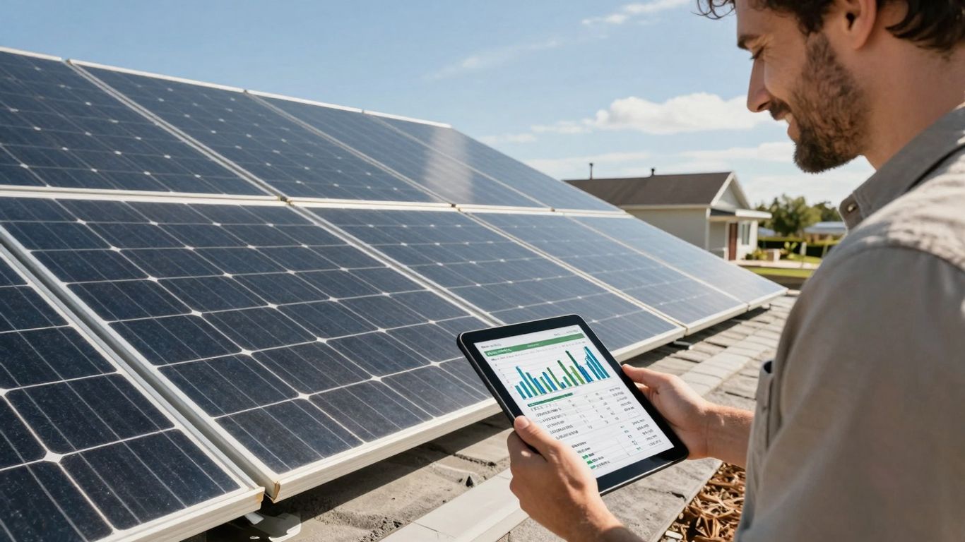 Homeowner Viewing Solar Production Charts On A Tablet Beside Rooftop Panels, Illustrating Use Of A Solar Panel Loan