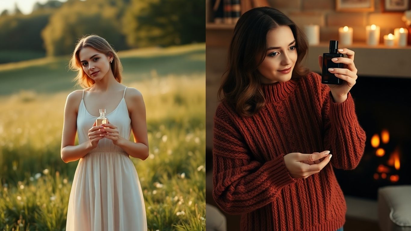 Woman choosing between summer and winter perfumes.