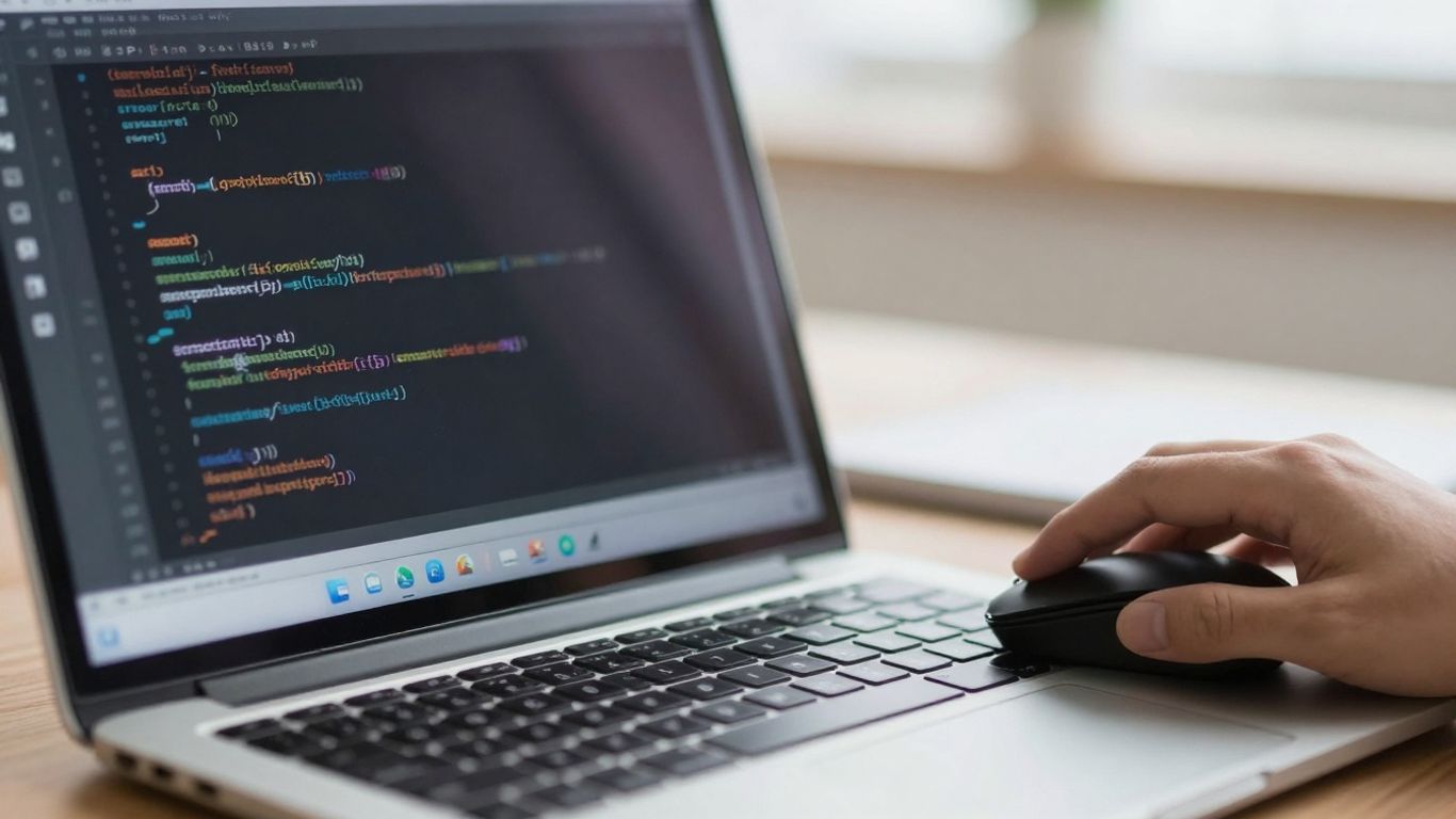 Laptop screen with code and a mouse.