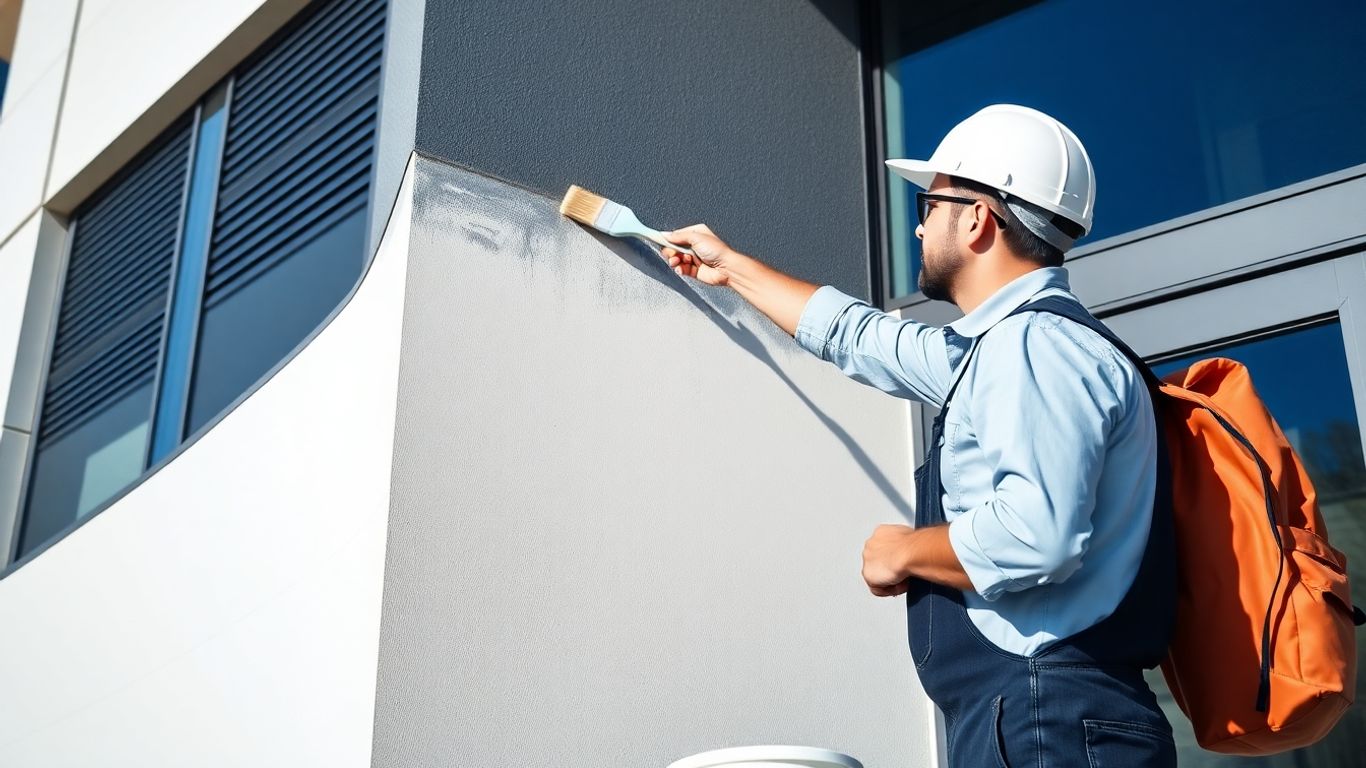 Professional painter working on building exterior