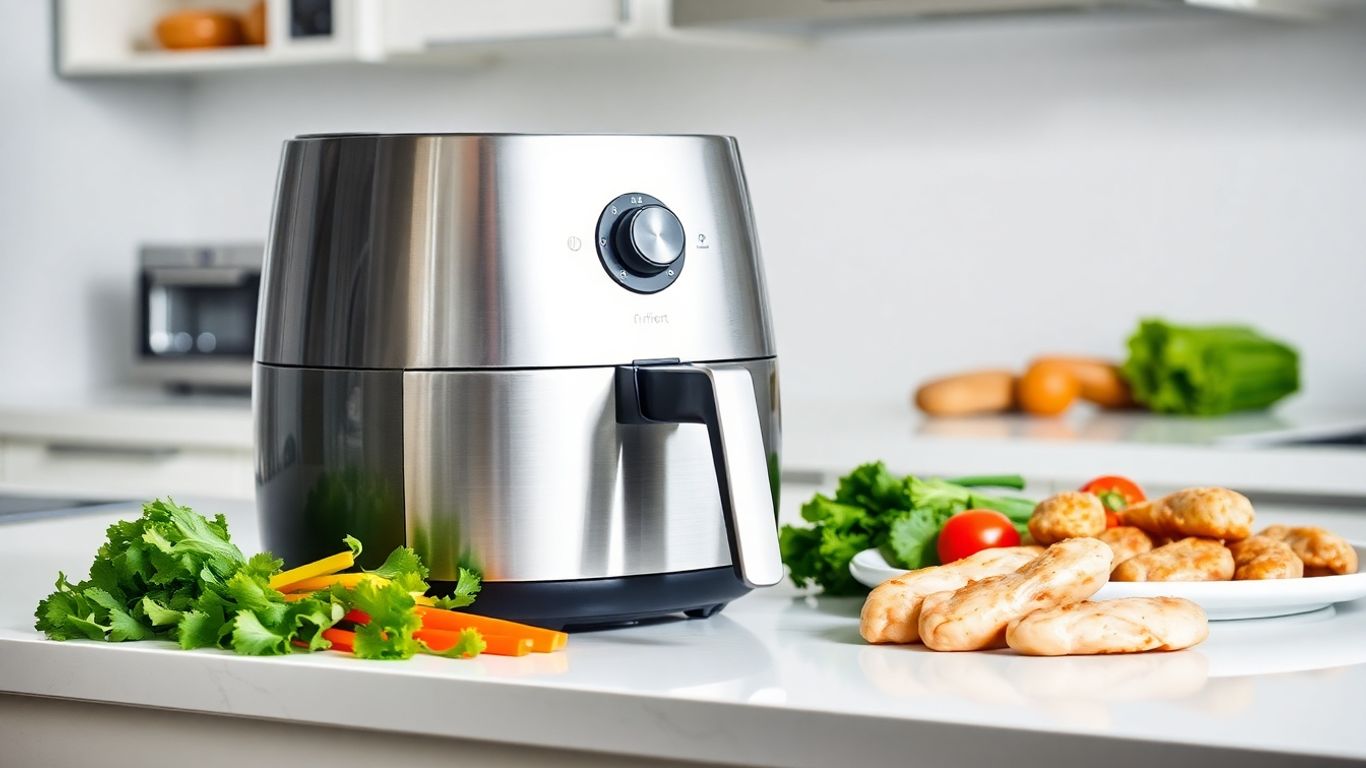 Airfryer mit gesunden Lebensmitteln auf Küchentheke.