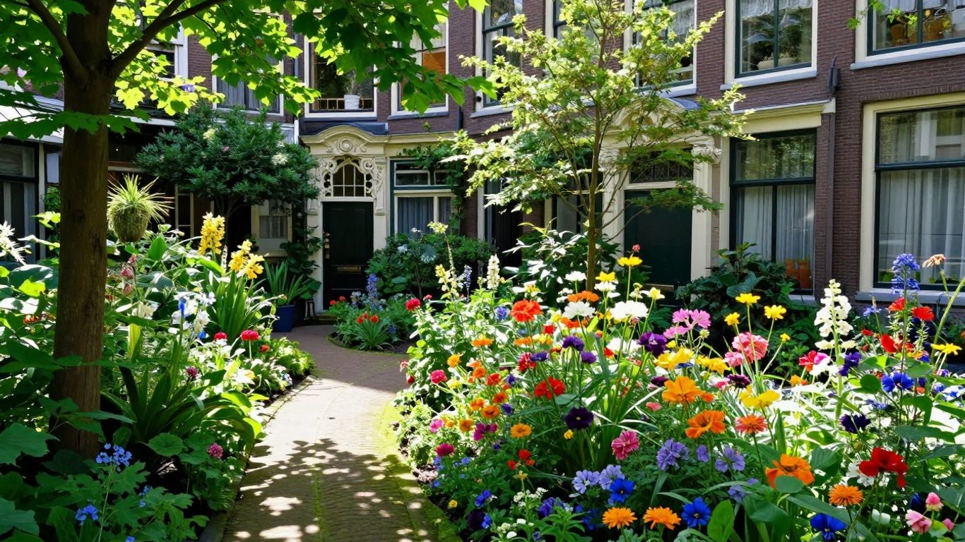 Verborgen tuin met bloemen en architectuur in Amsterdam.