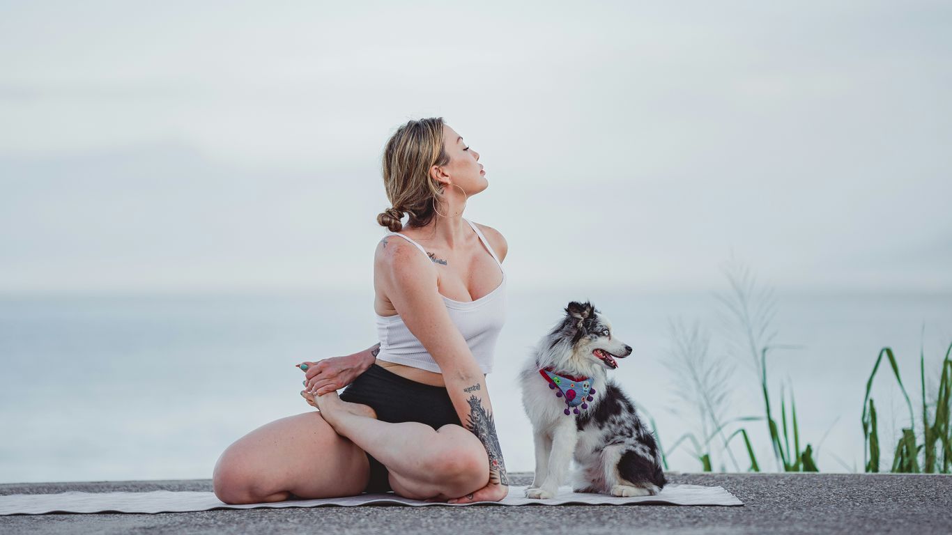 a woman sitting on a rock with a dog