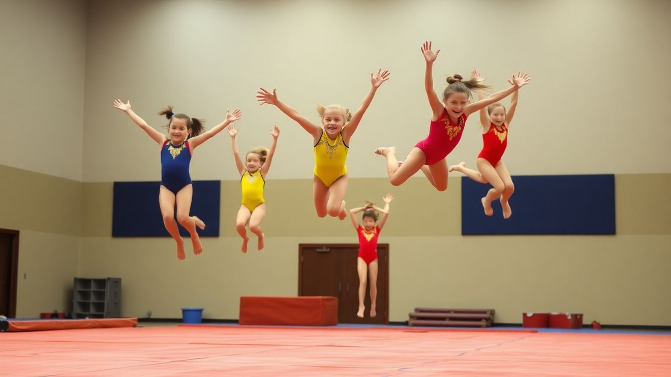 Gymnasts performing flips and tumbles.