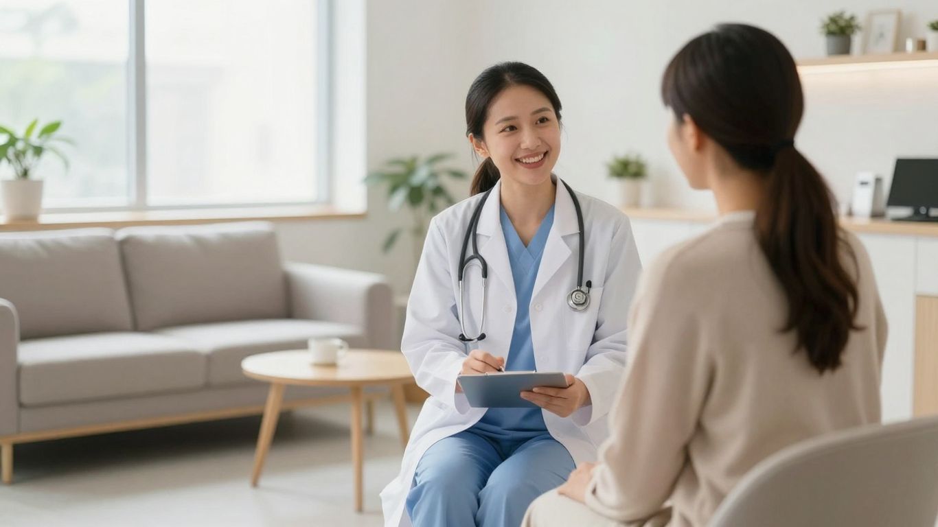 Weight loss clinic consultation room with doctor and patient.