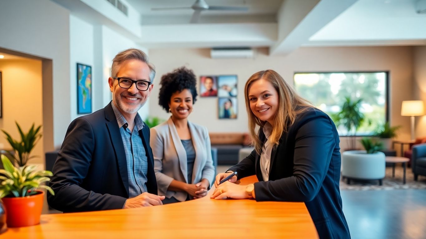 Hostel manager welcoming diverse agency staff at reception