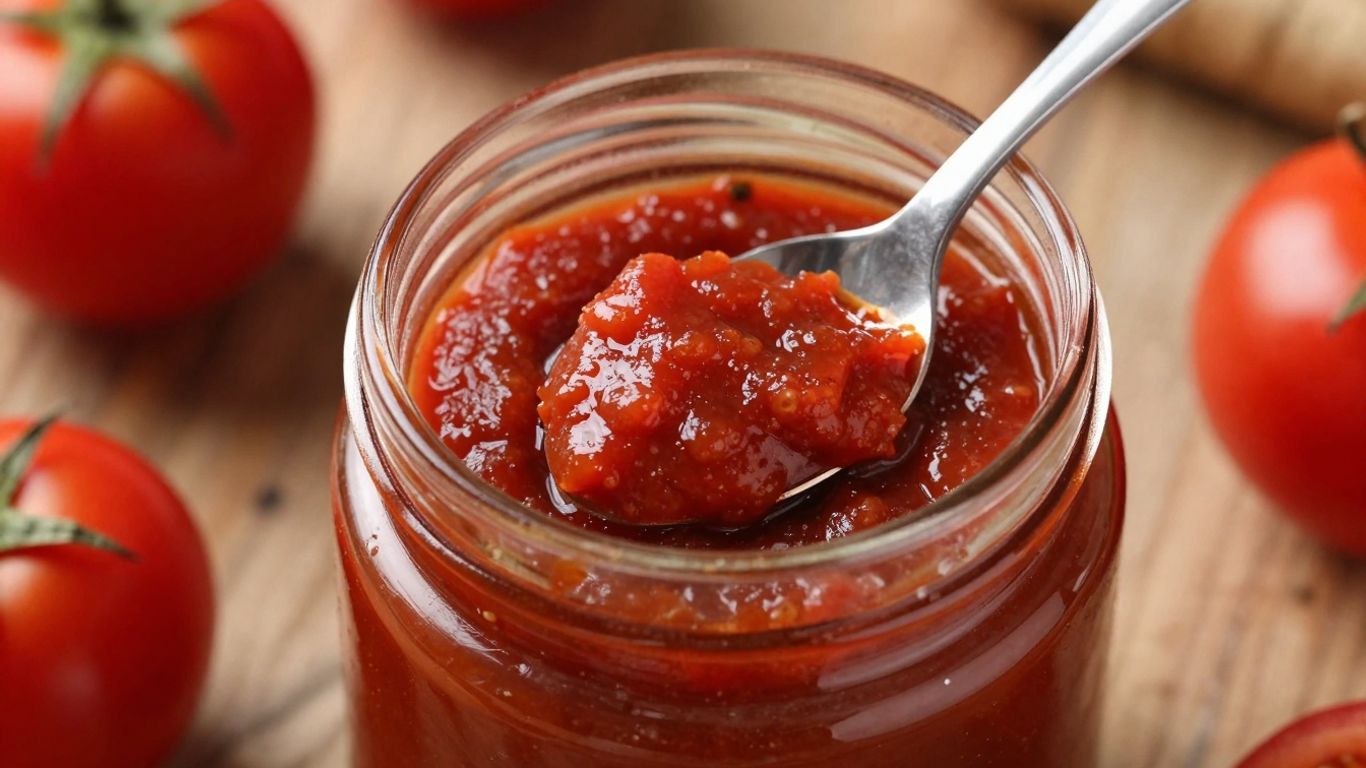 Jar of tomato paste concentrate with fresh tomatoes.
