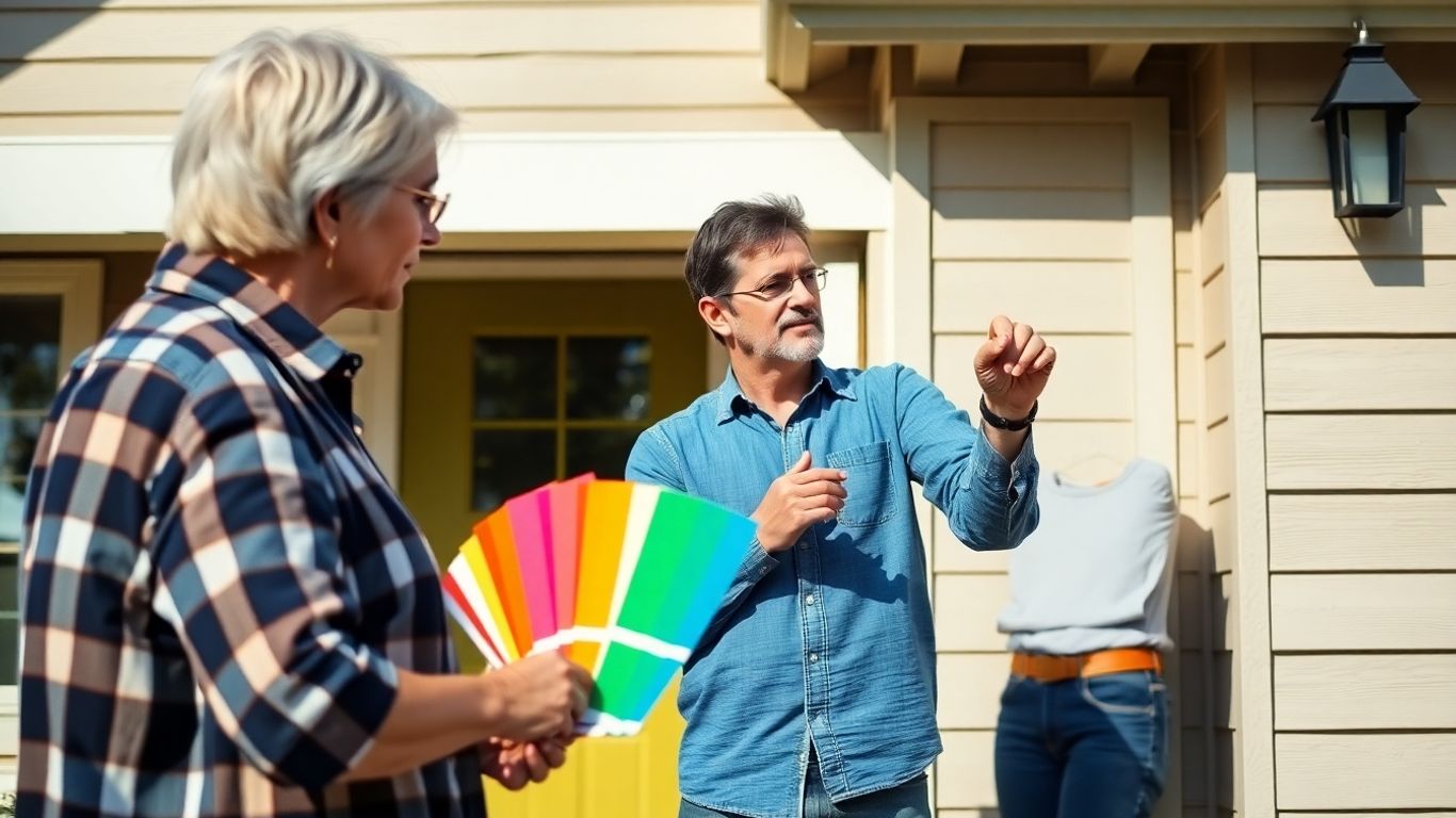 Homeowner and contractor discussing paint colors for a house.