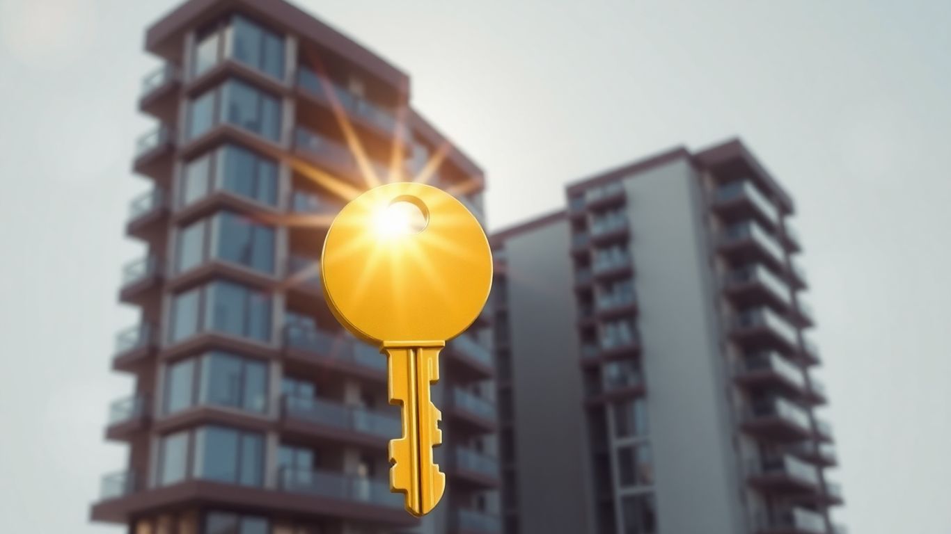Edificio moderno con llave dorada, símbolo de protección.