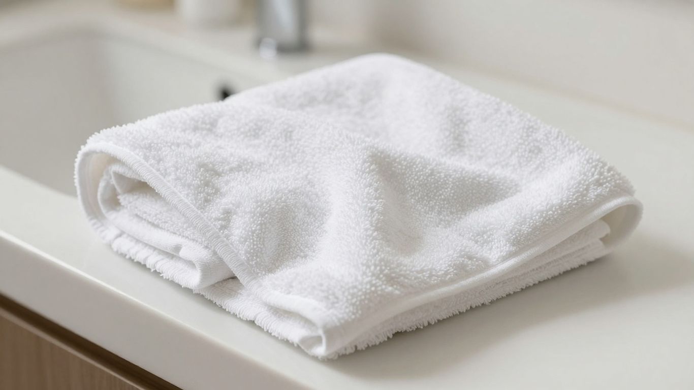Plush white face towel on a clean vanity.